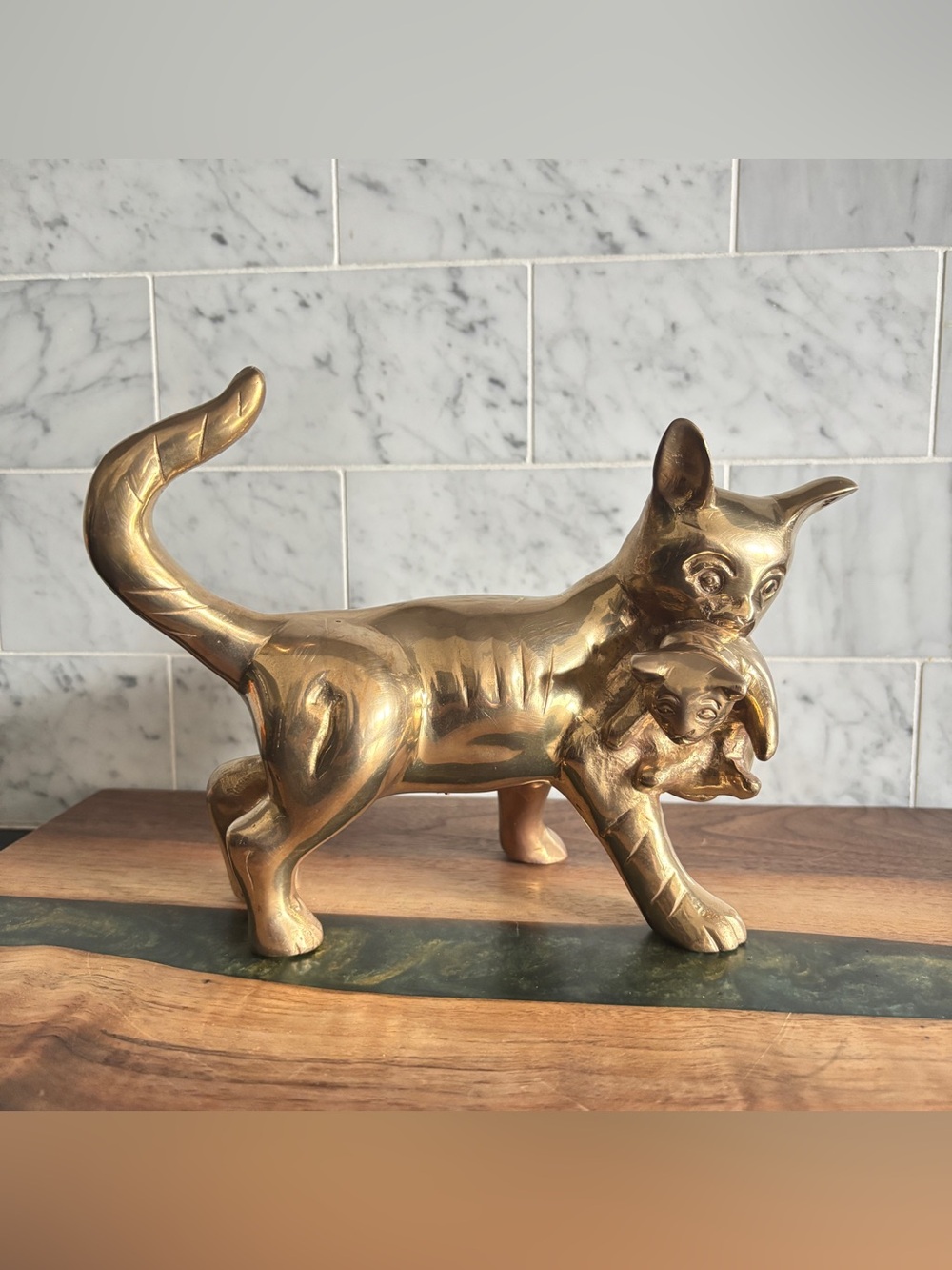 Vintage Mid Century 8.25” Brass Mama Cat with Kitten in Mouth